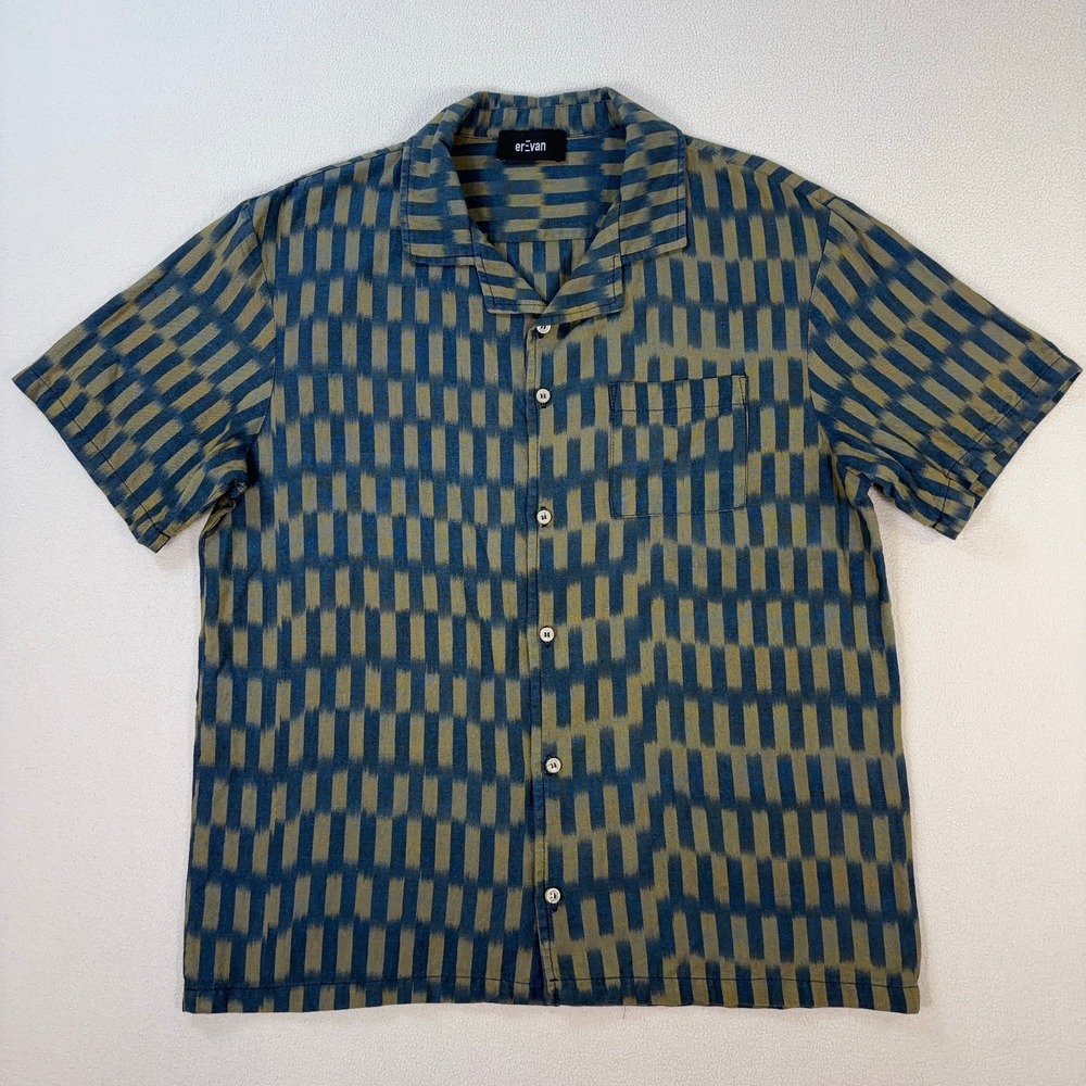 erEvan Shirt Men's L‎ Green Japanese Fabric Geometric Pocket Made In France